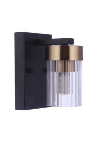 The Bond Street - 11805FBSB1 is a sleek, modern wall-mounted fixture featuring a rectangular black base, cylindrical glass shade with satin brass accent, and an enclosed LED bulb.