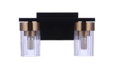 From the Bond Street Collection, the modern wall light fixture Bond Street - 11811FBSB2 showcases two cylindrical glass shades with satin brass accents on a sleek black base, each encasing a visible LED bulb for a blend of contemporary and industrial desi