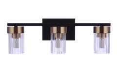 Meet the Bond Street - 11819FBSB3: a sleek wall-mounted light with three downward cylindrical glass shades, satin brass tops, attached to a black metal bar and square base. Perfect for adding sophistication to any space.