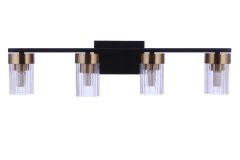 The Bond Street - 11827FBSB4 from the Bond Street Collection is a Craftmade wall-mounted light featuring four ribbed cylindrical glass shades with satin brass accents, each encasing a bulb on a sleek horizontal black metal bar.