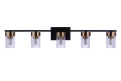 Introducing the Bond Street - 11835FBSB5: A modern black and gold light fixture featuring satin brass accents and five cylindrical clear glass shades. Its sleek, linear design is ideal for contemporary interiors and upscale vanity collections.