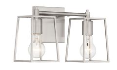 The Dunn - 12113 is a modern wall sconce from Craftmades vanity collection, featuring two exposed light bulbs within geometric brushed metal frames and mounted on a square metal base, offering a sleek transitional design to complement any décor.