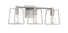 Part of the Dunn Collection, the Dunn - 12123 modern three-light wall sconce features a brushed metal finish with angular open frame shades surrounding exposed bulbs, all mounted on a sleek rectangular backplate.