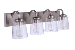 Part of the Elsa - 16331 collection, this modern wall-mounted fixture showcases four clear glass shades with exposed bulbs, supported by sleek metallic curved arms for a striking contemporary aesthetic.