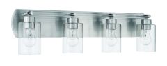 The Hendrix - 17631 wall light showcases four exposed bulbs in clear cylindrical glass shades. Its sleek modern design with a brushed metal finish perfectly complements any transitional décor.