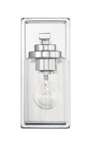 The Clark - 20404 features a clear rectangular glass case enclosing a classic style bulb with a metal socket and base. This sleek, modern fixture is damp-rated and adds a reflective, contemporary touch to any bathroom vanity.