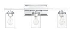 The Clark - 20425 from the elegant Clark collection is a modern bathroom light with three clear cylindrical glass shades, each encasing a bulb. Its polished chrome finish and rectangular base make it a stylish, refined addition to any bathroom.