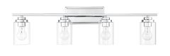 From the Clark - 20435 collection, this chic vanity light boasts four clear glass cylindrical shades with visible bulbs. Its sleek silver finish and rectangular wall mount make it a stylish addition to any bathroom lighting setup.