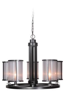 The Danbury - 36725-MBK fixture is a sleek chandelier with a black metal central column and three organza-wrapped shades for bulbs. It elegantly hangs from a matte black frame and chain, highlighting its modern design.