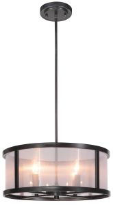 The Danbury - 36794-MBK chandelier features a sleek matte black cylindrical metal frame with three candle-like lights and an organza-wrapped acrylic shade, elegantly suspended from the ceiling with a rod.
