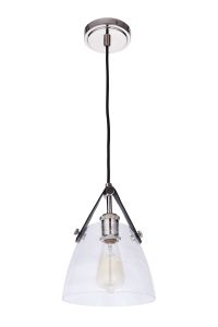 Hagen - 51391 pendant light features a crystal clear glass shade, an exposed bulb, and a sleek black cord. It has a silver metallic finish at the top connecting to the ceiling mount.