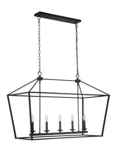 Introducing the Flynt - 52975-FB: a sleek, large rectangular black metal chandelier with five candle-shaped bulbs on chains. Its minimalist open cage design is both geometric and contemporary, ideal for modern interiors.