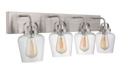 Part of the Trystan - 53504 collection, these four modern wall-mounted light fixtures feature clear glass shades and visible filament bulbs. A brushed nickel finish on the metal bar and fixtures adds sleek, industrial flair to this minimalist design.