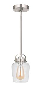 The Trystan - 53591 minimalist pendant light features a brushed nickel finish, clear glass shade, and an exposed vintage-style bulb. Elegantly hanging from a cylindrical rod with a circular ceiling mount, its perfect for innovative lighting solutions.