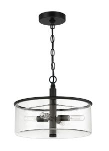The Hailie - 55654-FB pendant light from the Hailie collection flaunts a black metal chain and circular frame. It has four exposed bulbs in a cross pattern inside its clear cylindrical glass shade, offering a modern, stylish ambiance.