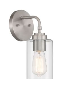 The Stowe - 56001 wall sconce features a sleek brushed nickel finish and clear cylindrical glass shade, with an exposed vintage-style bulb. Its elegantly connected to a round backplate by a curved arm, bringing sophistication to any space.