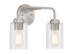 The Stowe - 56002 wall-mounted light fixture showcases a brushed nickel finish with two clear glass shades encasing exposed filament bulbs. Its modern, minimalist design seamlessly enhances various interiors, making it an elegant option for more than just