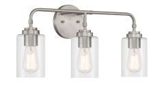 The Stowe - 56003 is a brushed nickel wall sconce reminiscent of elegant vanity bath bars, featuring three clear glass cylindrical shades with exposed Edison bulbs, stylishly supported by a round wall mount and sleek metal arm.