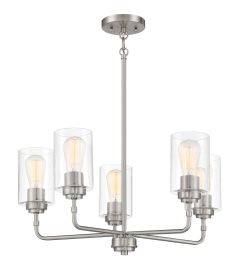 The Stowe - 56025 is a modern chandelier with a brushed metal finish and five arms, each supporting a cylindrical glass shade. Exposed filament bulbs highlight its sleek, contemporary design, perfect for foyers or as an elegant alternative to traditional