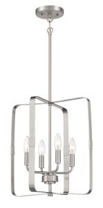 The Stowe - 56034 is a modern pendant chandelier boasting a brushed metal finish and geometric design. It features four candle-like bulbs and is elegantly suspended from a coordinating metal ceiling mount.