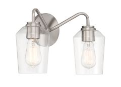 Part of the Shayna - 56102 collection, this modern wall sconce has a satin nickel finish and two clear glass shades with exposed elongated filament bulbs, blending industrial and minimalist styles for a sophisticated touch.