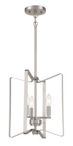The Shayna - 56133 is a modern silver foyer pendant light featuring three candle-shaped bulbs, encased in two intersecting geometric open square frames, suspended from a rod and circular ceiling mount.