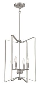 Meet the Shayna - 56134: a sleek, modern silver metal chandelier featuring a minimalist geometric frame with four candle-style bulbs in a square formation. Suspended from a slim rod and ceiling mount, its ideal for lovers of contemporary pendant lighting.