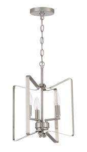 Part of the Shayna - 56153 collection, this pendant light features a silver metal frame with three candle-style bulbs. It hangs elegantly from a chain with a circular ceiling mount, adding sophistication to any room.