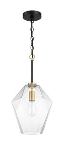 From Avante Grands transitional collection, the geometric pendant light model 56992-FBSB showcases faceted decorative glass hanging from a black chain and rod. A brass accent holds a visible bulb, and a round black ceiling mount finishes the elegant desig