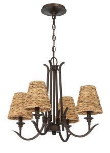 Part of the Kokomo Collection, the bronze Kokomo - 58324 chandelier has five curved arms with lights wrapped in woven basket-style shades. It hangs elegantly from a chain attached to a round ceiling mount.