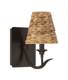 Wall-mounted Kokomo - 58361 by Craftmade features a dark metal base and a braided, woven straw lampshade. Its curved arm supports the shade, blending rustic charm with stylish design, making it a standout piece in any setting.