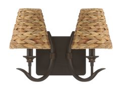 The Kokomo - 58362 is a wall-mounted sconce with two dark metal arms, each holding a conical woven rattan lamp shade. Its rectangular base adds rustic elegance, making it a standout among Craftmade sconces.