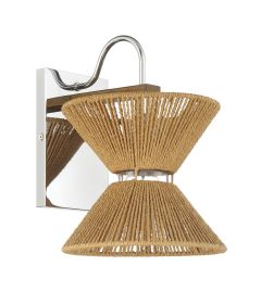 Part of the Serena - 58561 collection, this wall-mounted light fixture features a chrome base and arm. Its lampshade, made from tightly wound hemp rope, has two cone-shaped sections joined in the middle, highlighting its natural woven texture.