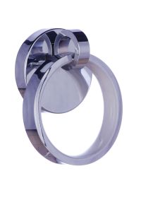 The Context - 59301-CH-LED is a shiny, silver metal wall-mounted towel ring holder featuring a circular base and large hoop that reflects light like chandeliers from its polished surface.