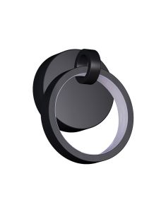The Context - 59301-FB-LED is a circular, black wall-mounted sconce from the LED Lighting Collection, showcasing a modern design with a central ring and smaller top attachment. Its white inner surface suggests light emission, giving it a sleek, contempora