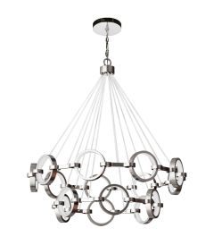 The Context - 59315 is a modern chandelier with LED lighting, featuring interconnected silver metal rings suspended by delicate cables. Its circular top base and tiered structure make it an elegant pendant choice for contemporary spaces.