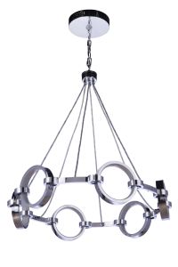 The Context - 59326 is a modern chrome chandelier featuring seven circular frames linked by refined metal rods and suspended from a reflective ceiling mount. This minimalist pendant design artfully blends geometric shapes with elegant LED lighting to enha
