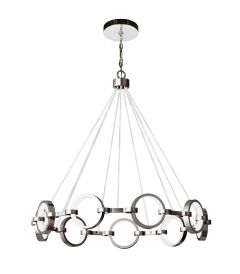 The Context - 59329 is a modern chandelier with sleek design, showcasing multiple silver rings suspended by cables. It features integrated LED lighting, forming geometric patterns for an elegant and contemporary look.