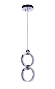 The Context - 59392-CH-LED from the LED Lighting Collection showcases two chrome interlocking rings suspended vertically by a rod, offering a sleek, modern look that complements any chandelier or pendant space.