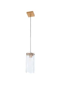 The Angela - 59991-SB pendant light, part of the Angela lighting collection, features a clear glass shade and satin brass finish square ceiling mount. Hanging from a single cord, it seamlessly blends modern design with timeless elegance.