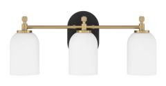 The Council - 60303-FBSB, from the Council lighting collection, is a modern wall fixture with three white cylindrical glass shades. It features a sleek brass finish with a black oval backplate and satin brass accents, offering an elegant look for contempo