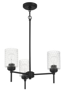 Introducing the Claire - 60523: a chic black chandelier with three arms, each featuring a clear bubble-textured glass cylindrical shade. Elegantly suspended from a rod, it enhances any space with sophistication and modern design.