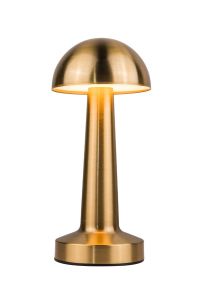 The Joni - 86291BRS-TR is a modern, mushroom-shaped lamp with a metallic gold finish and LED lights. It has a dome-shaped shade and cylindrical base, offering a soft, warm glow. This sleek, portable piece is minimalistic and ideal for any indoor setting.