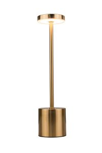 Introducing the Curtis - 86293BRS-TR: a sleek, modern table lamp featuring a cylindrical brass base and a vertical rod supporting an LED fixture. This rechargeable indoor gem boasts minimalist design and emits a warm glow, perfect for any space.
