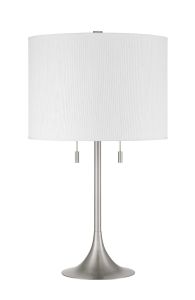 The Neely - 87003 table lamp boasts a large, cylindrical white lampshade and a sleek brushed polished nickel base. Its minimalist and elegant design is enhanced by two pull chains beneath the shade for easy operation.