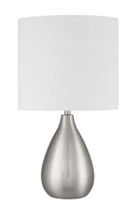 Introducing the Leri - 87004, a Craftmade table lamp with a sleek metallic teardrop-shaped base and a white cylindrical fabric lampshade, blending minimalist elegance with modern style.