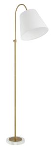 The Girard - 87006SB-F Floor Lamp features a sleek, arched design with adjustable height, a white fabric shade, and a round marble base. Its tall brass structure is enhanced by flat black accents for an elegantly modern appeal.