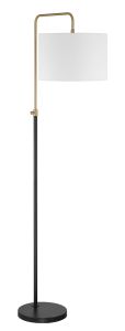 The Ingraham - 87008FBSB-F floor lamp boasts a minimalist design with a black base and stem, an adjustable height brass-colored arm, and a large white cylindrical lampshade, creating a modern and sleek look.
