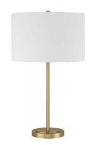 Explore versatile lighting with the Jones - 87009 table lamp, showcasing a modern white cylindrical shade and a sleek brass base and stem, elegantly set against a plain white background.
