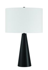 The Keefer - 87013FB-T Table Lamp features a sleek conical base and crisp hardback drum shade, standing elegantly against a white backdrop.